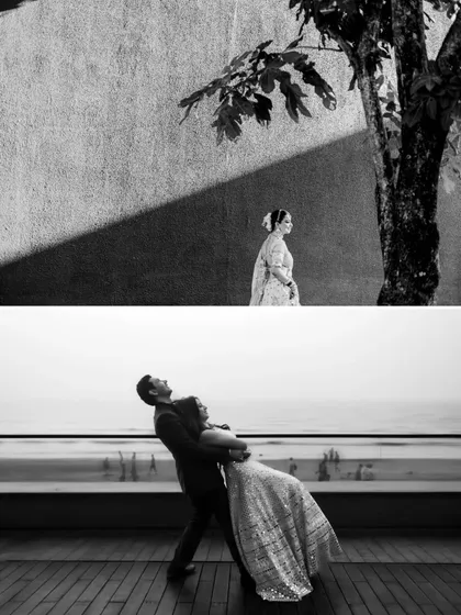 A diptych showing two different monochrome styles. The top frame is a high-contrast, architectural shot, while the bottom captures a joyful dance, demonstrating the versatility of black and white.