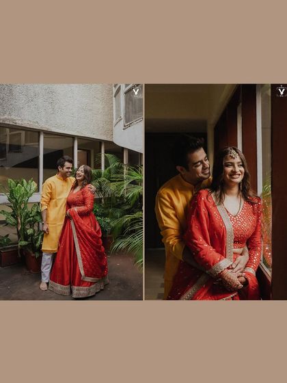 A collage of the couple in their red and yellow outfits, sharing playful and romantic moments. The images capture their fun-loving personalities and the vibrant colors of their celebration.