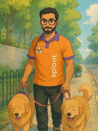 An illustration of one of our walkers with two happy Golden Retrievers, capturing the peaceful vibe of an early morning walk.