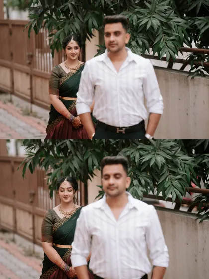 A candid moment between the couple, with the bride looking back at the groom. This captures a natural, unposed interaction full of affection.