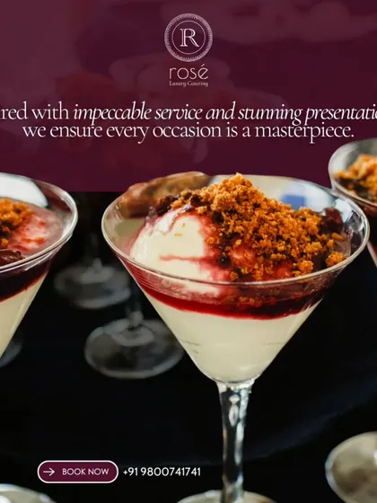 A layered dessert served in an elegant martini glass, topped with a crunchy crumble. Paired with impeccable service and stunning presentation, we ensure every occasion is a masterpiece.