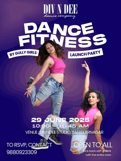 Get ready to sweat and smile! This poster is for our high-energy Dance Fitness launch party. It’s a great example of the fun, fitness-focused events we host that are open to everyone, no matter your dance experience.