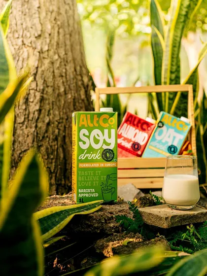 Alt Co.'s plant-based milks styled in a natural, garden environment. The composition feels organic and healthy, perfectly aligning with the brand's identity.