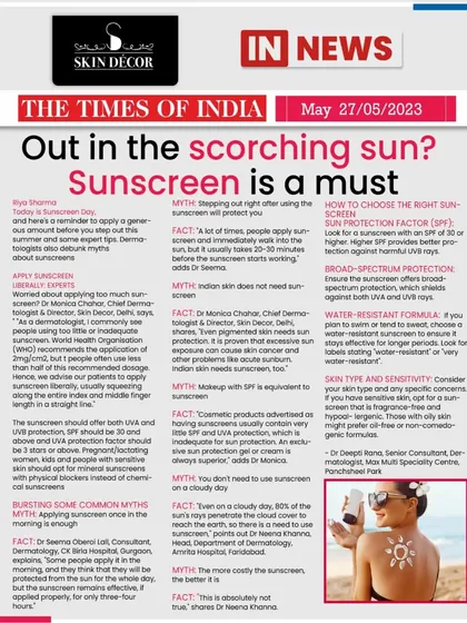 I was happy to share my expertise on the importance of sunscreen with the Times of India. I debunked common myths and emphasized that even on cloudy days, protection is necessary. I also explained that cosmetic products with SPF are often not enough for full protection.
