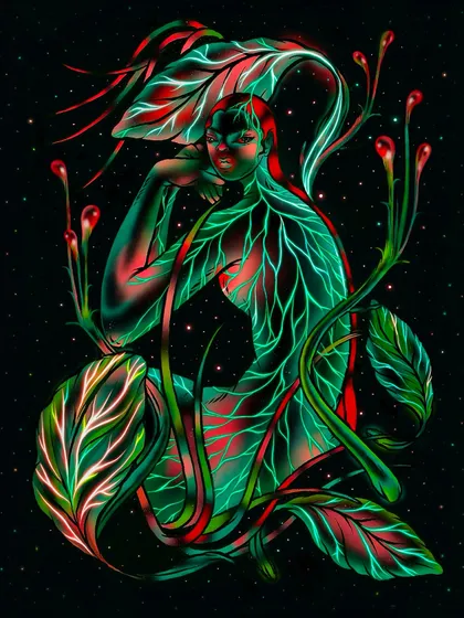 An exploration of bioluminescence and womanhood from my thesis project, "The Nature of Being." This piece showcases my signature style of combining bold linework, vibrant gradients, and surreal concepts to explore the interplay between our inner worlds and the natural world.