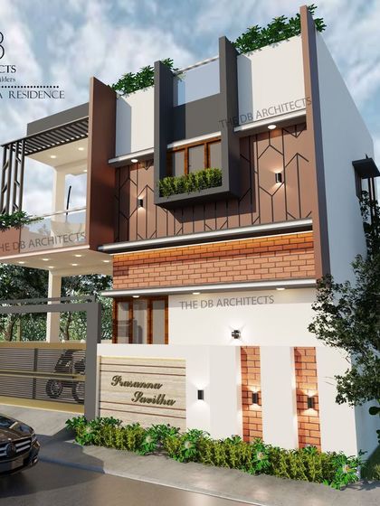 A different perspective of the 3D design for Mr. Prasanna's home, focusing on the details of the brick cladding and the geometric patterns on the upper floor.