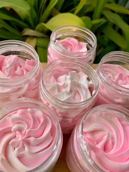 My Rose whipped soap, a gentle floral fantasy swirled in pink and white, leaving skin soft and delicately scented.