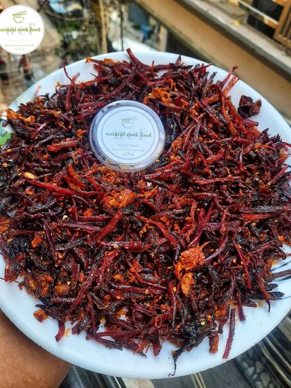 Introducing my new buff dry singju. It's a savory and spicy snack made with shredded dried buffalo meat.