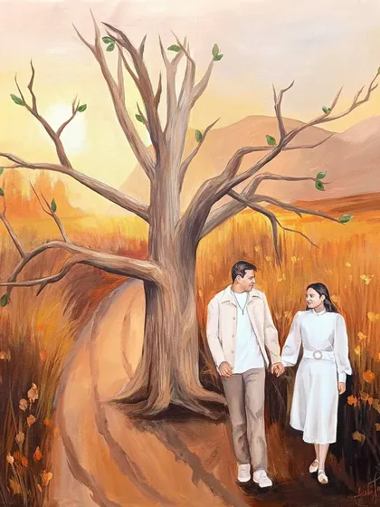 This is a unique take on a guest book. I create a thumb impression tree painting where guests can leave their thumbprints as leaves, creating a collective blessing for the couple.