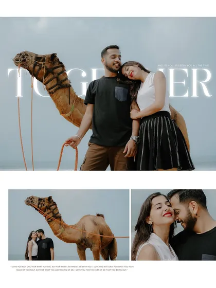 A creative collage from a unique beach pre-wedding shoot in Goa. Including a camel in the photos adds an unexpected and memorable element, perfect for couples looking for something different.