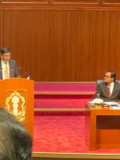 A speaker addresses the audience during the felicitation function at the Supreme Court's additional building. These events honor the contributions of our judiciary.
