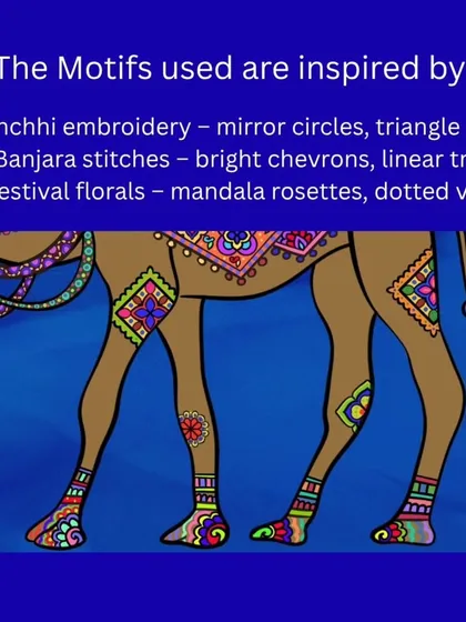 Here I break down the inspirations for the camel's patterns. The motifs are drawn from Kachchhi embroidery, Banjara stitches, and festival florals, each telling a small story of Indian folk traditions.