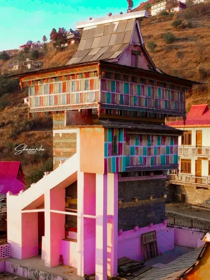 A close up of the colorful and intricate wooden architecture of the Jai Ishwari Maa Temple in Dharech. This style is unique to Himachal, and I love showcasing this cultural heritage in my work.