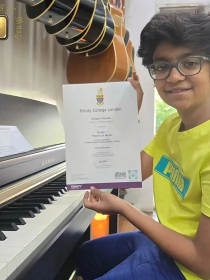 Huge congratulations to Vihaan Chheda. We're incredibly proud to announce that Vihaan has achieved a Distinction in his Grade 1 Theory of Music exam conducted by Trinity College London.