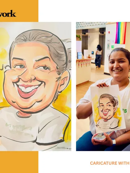 Smiles, sketches, and good vibes at WeWork. This guest's bright energy made the artwork come alive instantly, as you can see in this before-and-after.