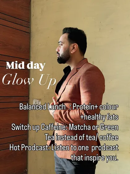 The midday glow up focuses on resetting for the rest of the day. I recommend a balanced lunch with protein and healthy fats, switching to green tea instead of coffee, and listening to an inspiring podcast.
