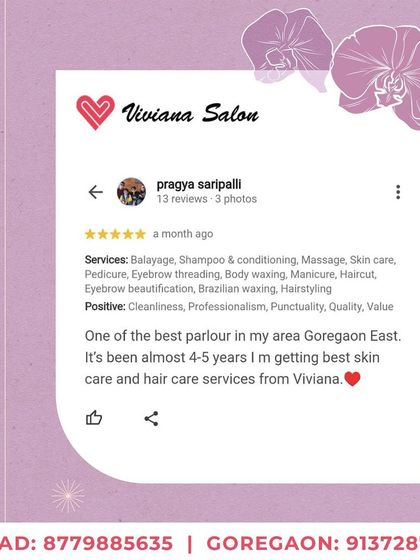It is an honor to be called one of the best parlours in the area. This client has been visiting me for over four years for her skin and hair care, which is the biggest compliment I could ask for.
