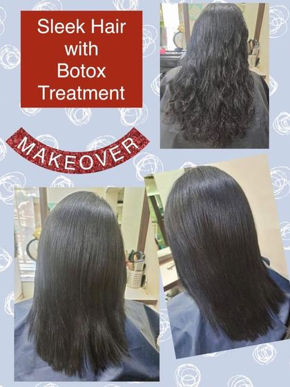 This client wanted sleek hair, so we recommended our deep conditioning Botox treatment. The before and after photos show the transformation from frizzy waves to lustrous, straight hair.