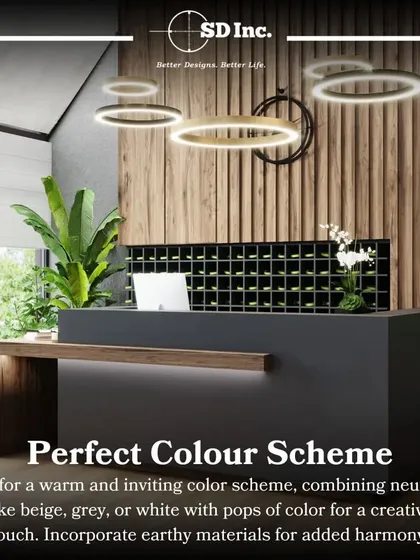 This office reception uses a warm and inviting color scheme. The dark reception desk is complemented by wood-paneled walls and circular overhead lights, creating a harmonious and creative first impression.