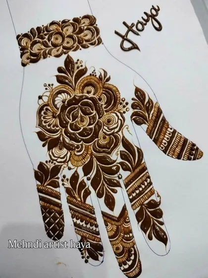 This practice design shows how to build a pattern around a central floral motif. The fingers are decorated with simpler, complementary patterns like stripes and grids.