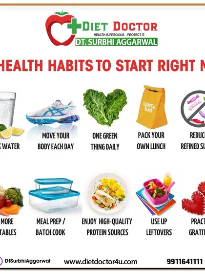 Here are 10 health habits you can start right now. I encourage clients to drink more water, move their body daily, pack their own lunch, and practice gratitude.
