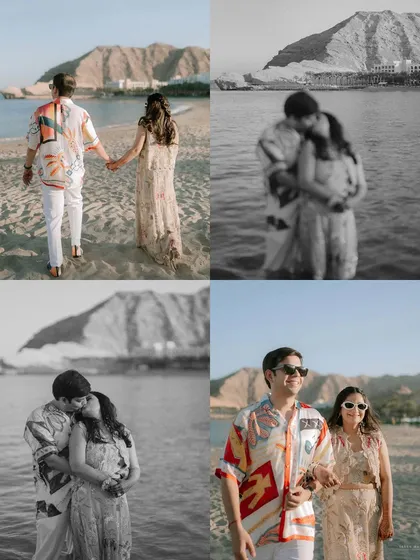 A collection of moments from a beach carnival event in Oman. This collage shows the couple walking by the sea, sharing intimate moments, and enjoying the sun.