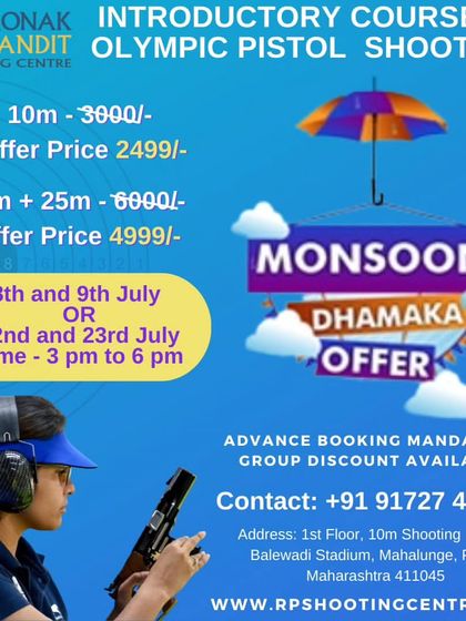 We periodically offer special programs like our Monsoon Dhamaka, providing an excellent opportunity to try our introductory courses in 10m and 25m Olympic pistol shooting at a special price. Advance booking is always recommended for these popular sessions.