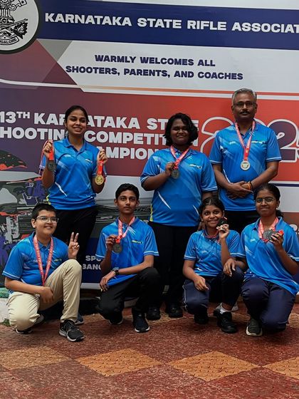 A group of our proud medal winners at the 13th Karnataka State Shooting Competition.