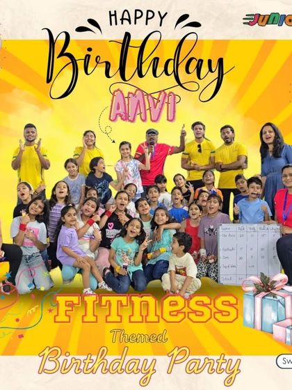 A big birthday shoutout to Aavi. This graphic captures the joy and excitement of her fitness-themed celebration with all her friends.