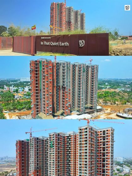 A ground-level shot of the project signage combined with aerial views of the towers, providing a complete project identity for progress reports.