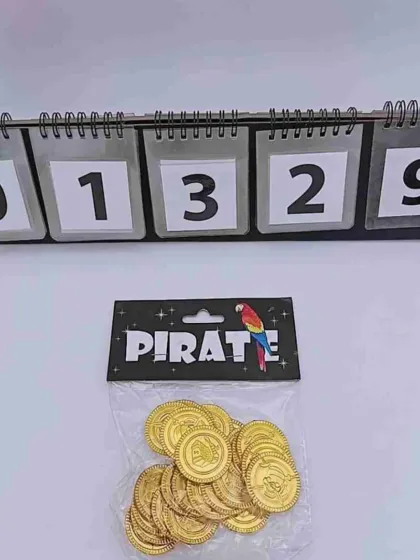 No pirate party is complete without treasure! This pack of shiny gold plastic coins makes a great party favor or a fun prop for party games.