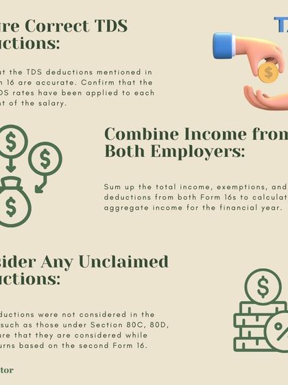 This image explains how to consolidate your income when you have worked for multiple employers. You must combine income, ensure correct TDS deductions, and consider any unclaimed deductions.