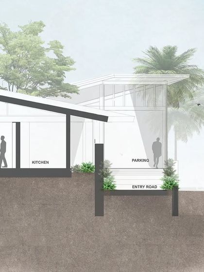 This section drawing of the waterfront house illustrates how the internal volume is designed for natural ventilation. A heightened southern wall with planting mitigates solar radiation, while the north side opens to the view.