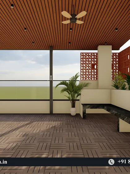 A render focusing on the spaciousness of the covered terrace, with a clear view of the glass railing and outdoor scenery.