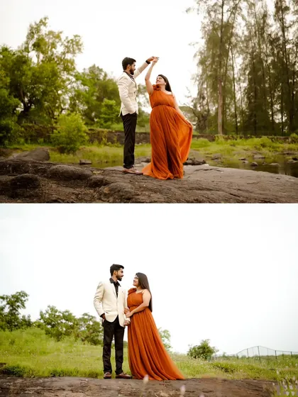 A collage showing the couple dancing and walking together in a serene, natural landscape. This showcases the variety of shots possible in an outdoor pre-wedding session.