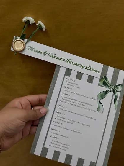 The menu is the script for the evening. Here is the elegant, custom-printed menu for a 7-course Mexican-themed birthday dinner we curated.