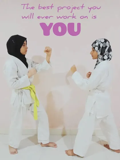"The best project you will ever work on is YOU." Two of my female students practicing their kumite stances. I am passionate about empowering girls with the confidence and skills of self-defense.