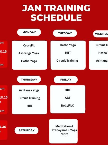 Happy New Year. Here is our training schedule for January. We have a variety of classes including CrossFit, Hatha Yoga, HIIT, and BollyFitX. Call or WhatsApp to join.