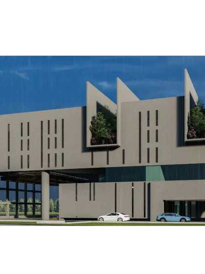 A contemporary design concept for a public office building in Bangalore. The design incorporates green pockets and planters directly into the building's facade, promoting biophilic design principles in an urban, public context.