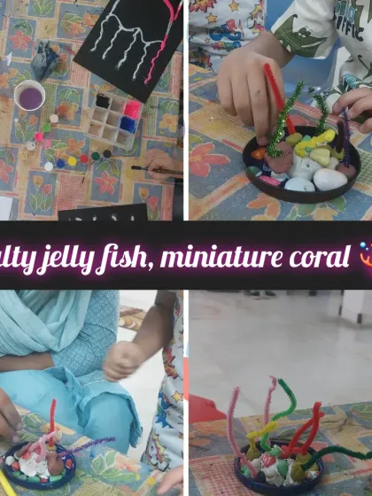 A closer look at the "Salty Jellyfish" and miniature coral crafts. This activity involved using different textures like pipe cleaners and pebbles to create a multi-sensory art piece.