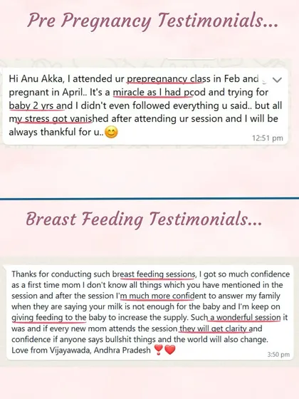 These messages show the power of letting go of stress. One mother conceived after two years of trying, simply by feeling less stressed after my pre-pregnancy class. Another gained the confidence to continue feeding her baby and ignore doubts from family.