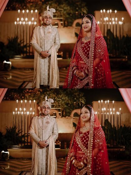 A diptych of the couple posing in front of a candle-lit backdrop. The warm, soft light creates an incredibly romantic and intimate atmosphere.