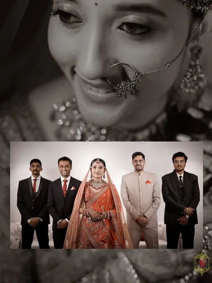 A wedding album page blending a close-up of the bride's smile with a group photo including the groomsmen.