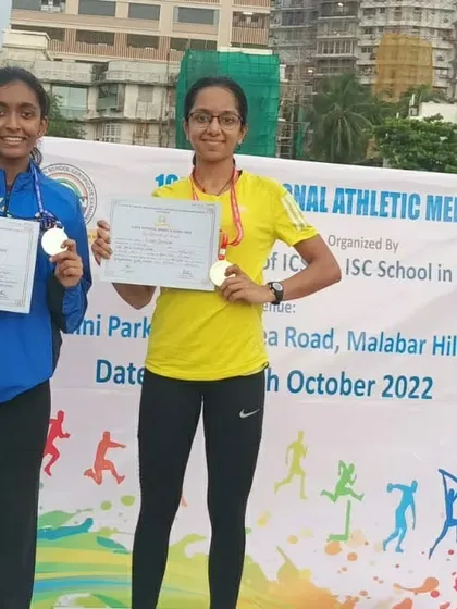 The podium for the 800m run at the ICSE/ISC Zonal Athletics Meet, with my athletes Eekisha and Prisha winning Gold and Silver.