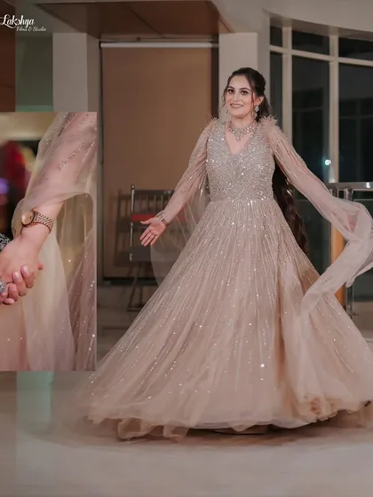 A lovely portrait of the bride in her shimmering gown, with an inset showing a close up of her holding hands with the groom.