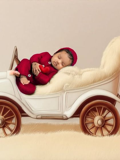Another angle of our popular vintage car prop. This shot captures the baby holding a tiny heart, adding a touch of sweetness to this classic newborn photography setup.