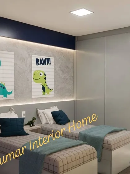 A fun and vibrant dinosaur-themed bedroom for two. The design features cute dinosaur artwork, twin beds, and a neutral color palette with pops of blue and green.