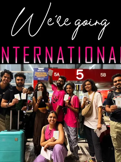 Taking our Indian culture and vibrant energy to the world. Here's our crew at the airport, heading out for our first international show in Brazil. We're proud to represent Indian dancers on a global stage.