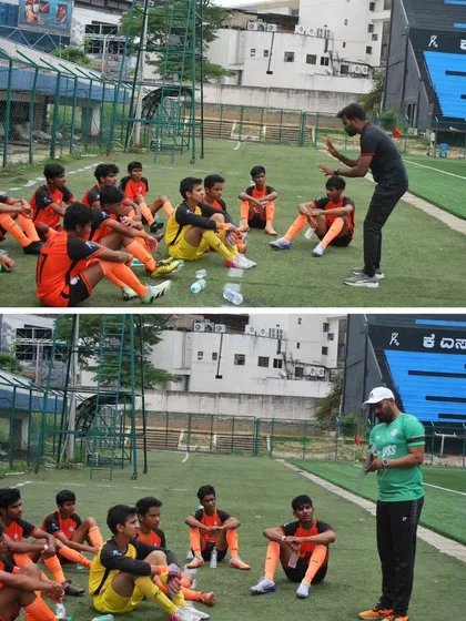 Mentorship is at the core of our coaching. Our head coach delivers a tactical talk to the U-17 team during a break in a KSFA Youth Premier League match, focusing on strategy and in-game adjustments.
