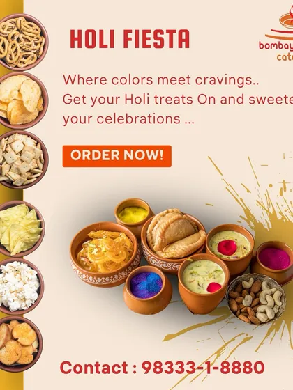 Our special promotional graphic for Holi catering. We offer festive menus that include traditional favorites like Gujiyas, Thandai, and a live Jalebi counter to make your celebration complete.